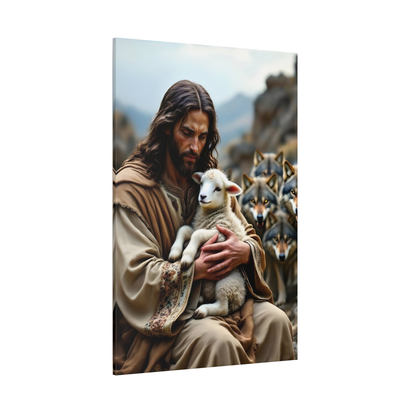 Faith Inspirational Matte Canvas Art - Jesus with Lamb and Wolves - Home Decor for Faith and Spirituality