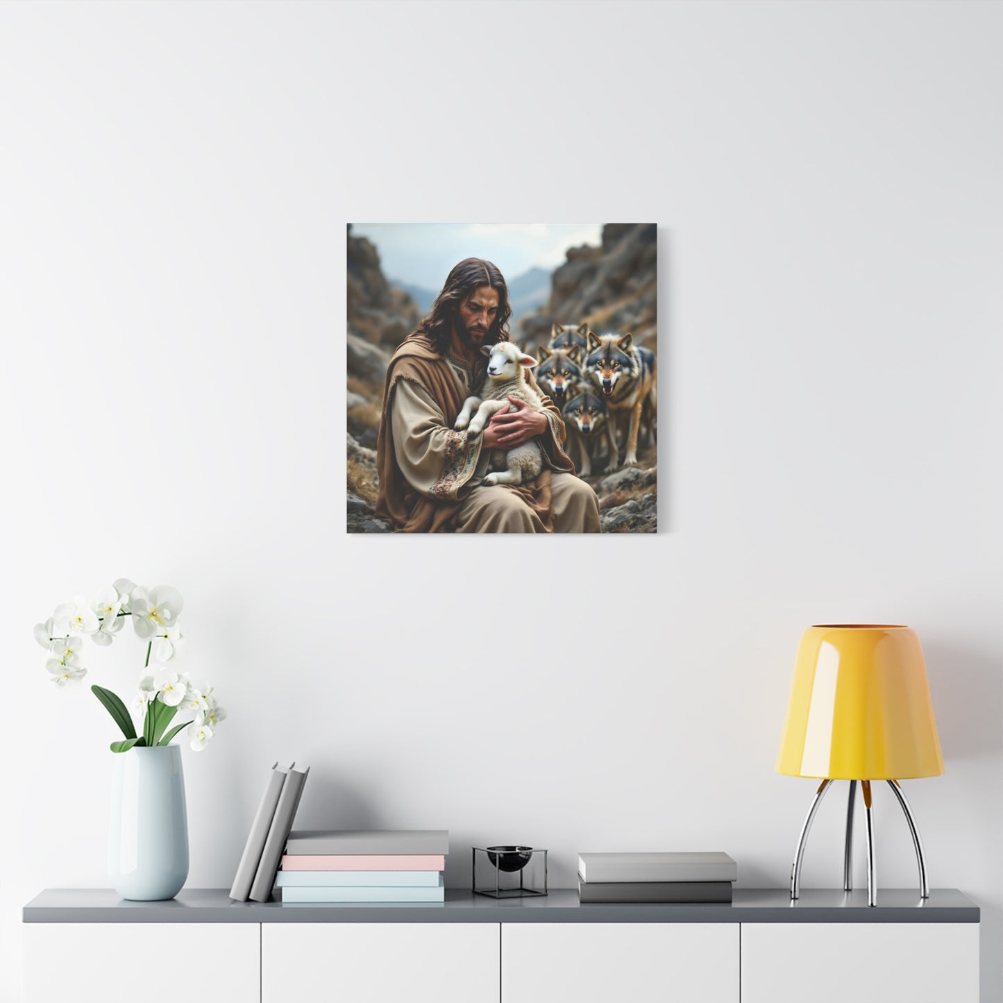 Faith Inspirational Matte Canvas Art - Jesus with Lamb and Wolves - Home Decor for Faith and Spirituality