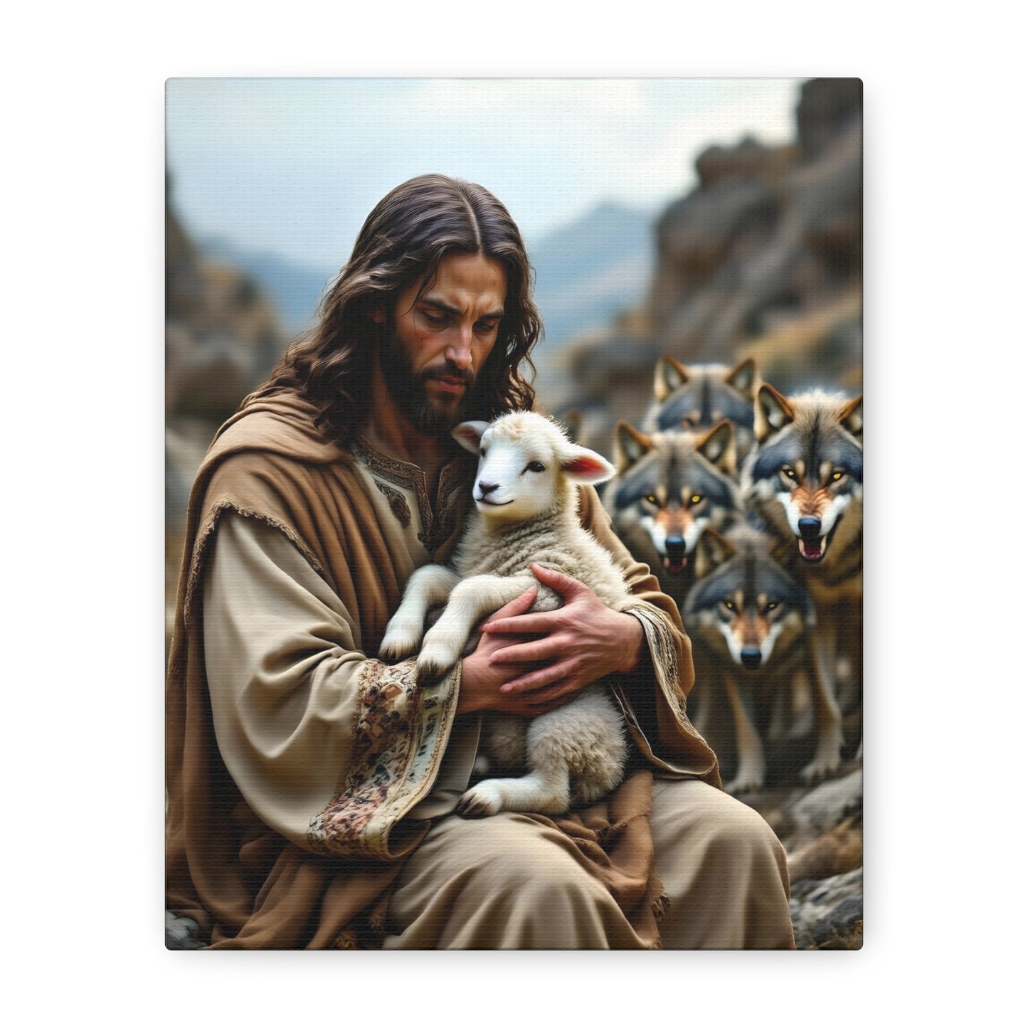 Faith Inspirational Matte Canvas Art - Jesus with Lamb and Wolves - Home Decor for Faith and Spirituality