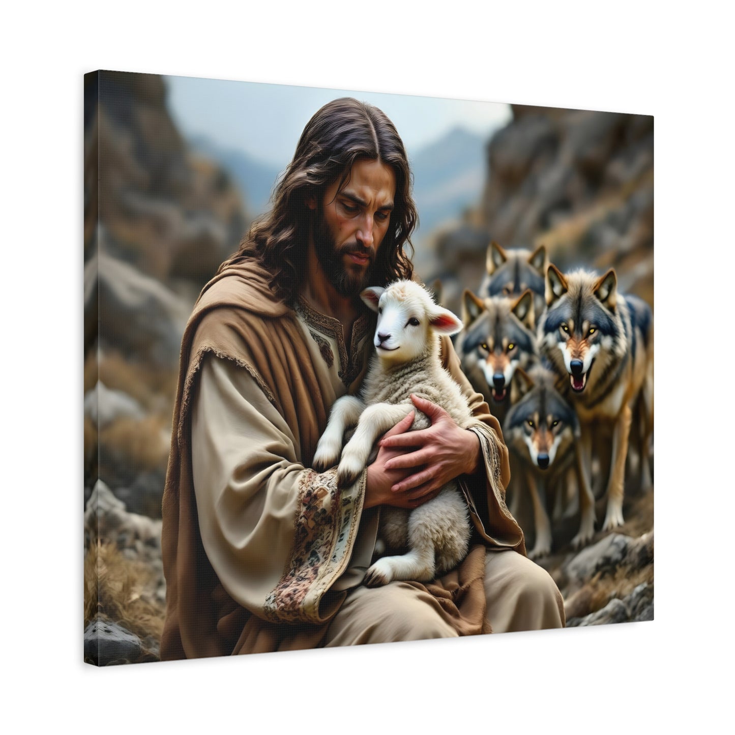 Faith Inspirational Matte Canvas Art - Jesus with Lamb and Wolves - Home Decor for Faith and Spirituality