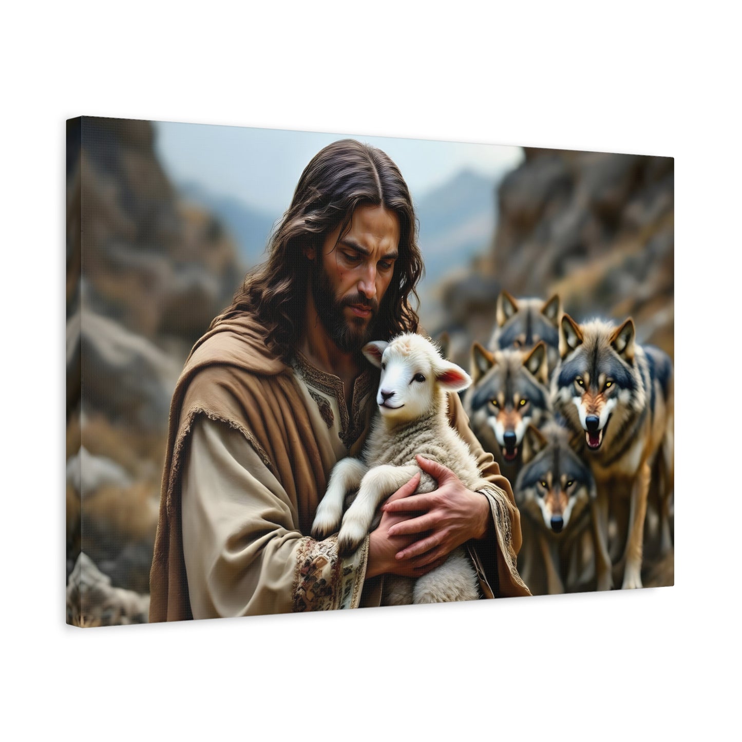 Faith Inspirational Matte Canvas Art - Jesus with Lamb and Wolves - Home Decor for Faith and Spirituality
