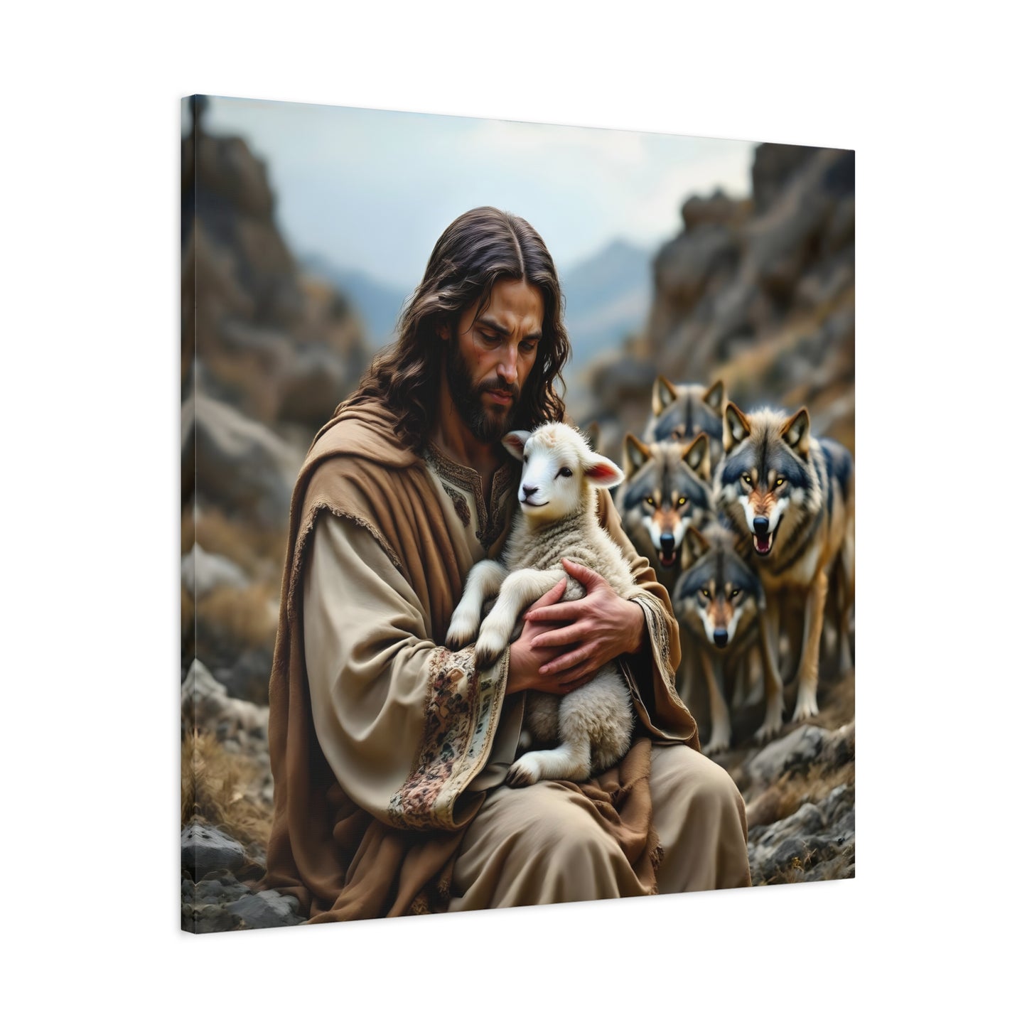 Faith Inspirational Matte Canvas Art - Jesus with Lamb and Wolves - Home Decor for Faith and Spirituality