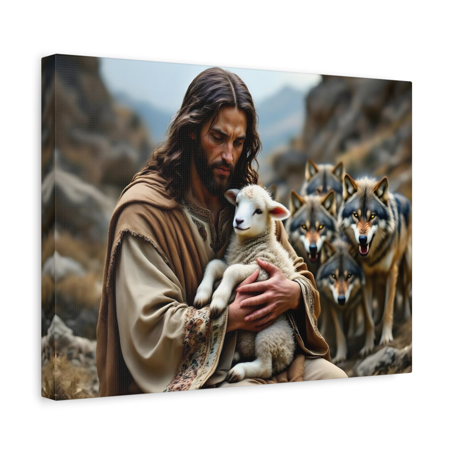 Faith Inspirational Matte Canvas Art - Jesus with Lamb and Wolves - Home Decor for Faith and Spirituality