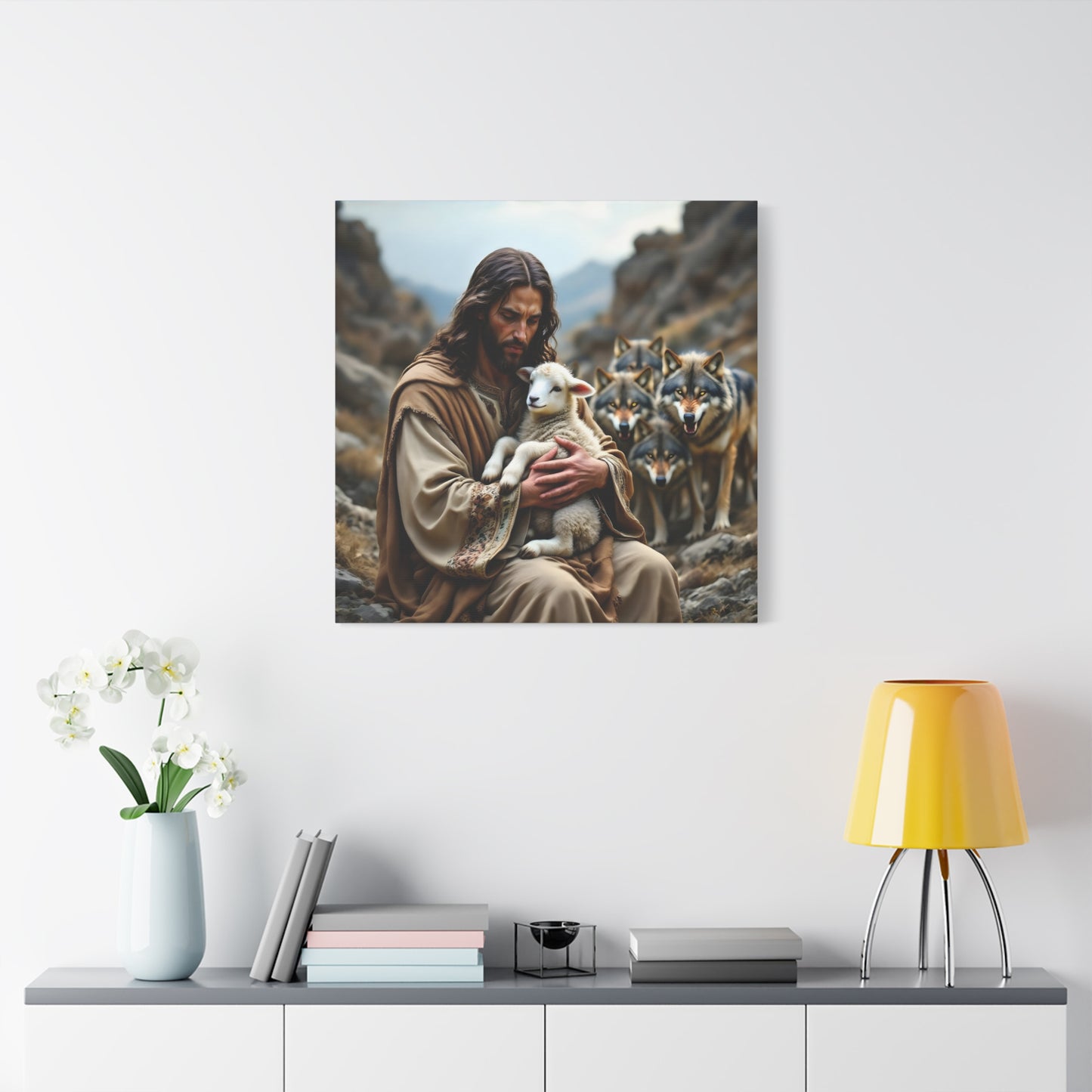 Faith Inspirational Matte Canvas Art - Jesus with Lamb and Wolves - Home Decor for Faith and Spirituality