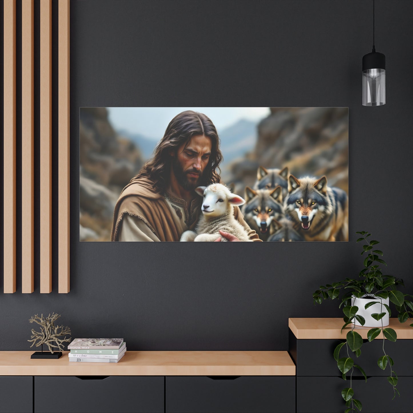 Faith Inspirational Matte Canvas Art - Jesus with Lamb and Wolves - Home Decor for Faith and Spirituality