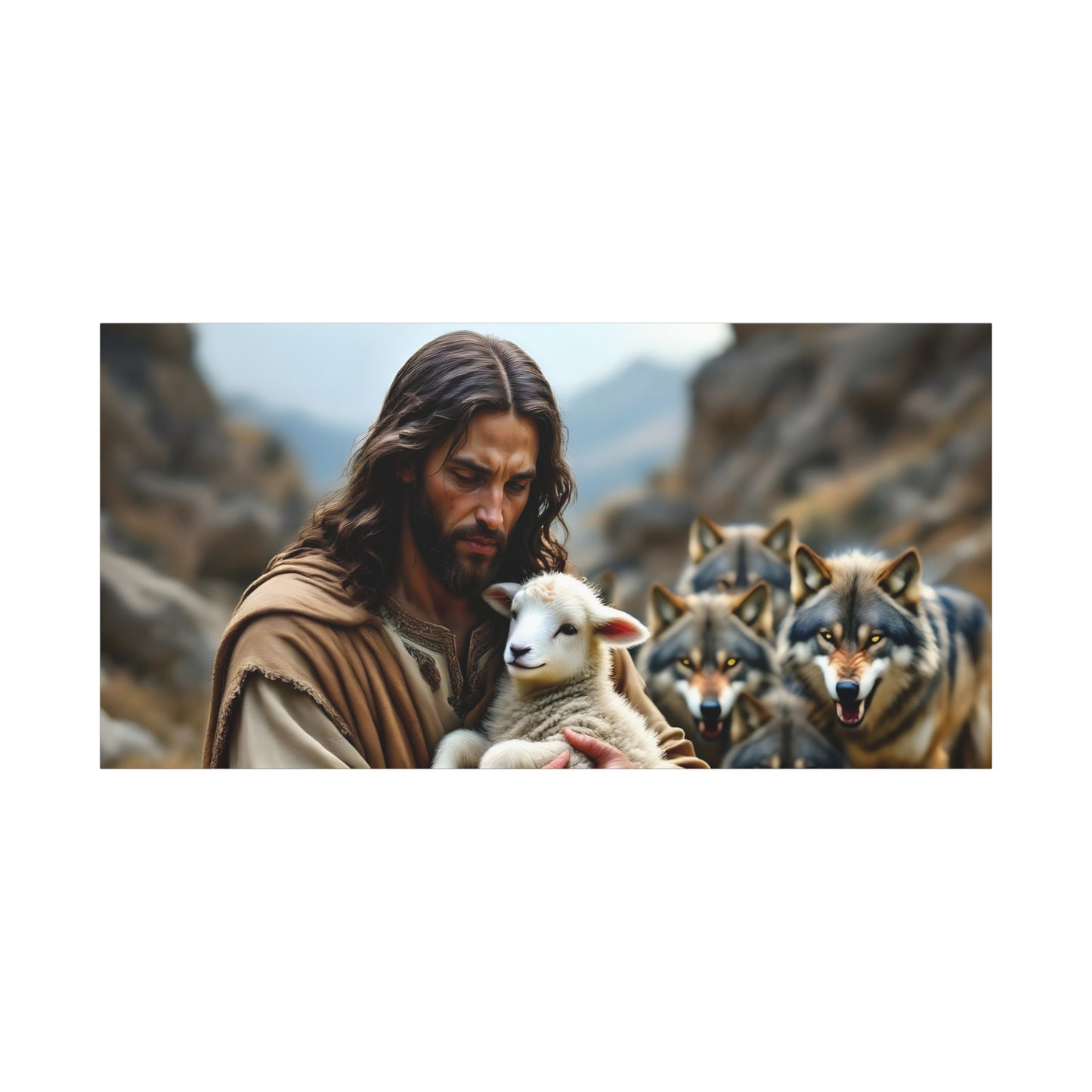 Faith Inspirational Matte Canvas Art - Jesus with Lamb and Wolves - Home Decor for Faith and Spirituality