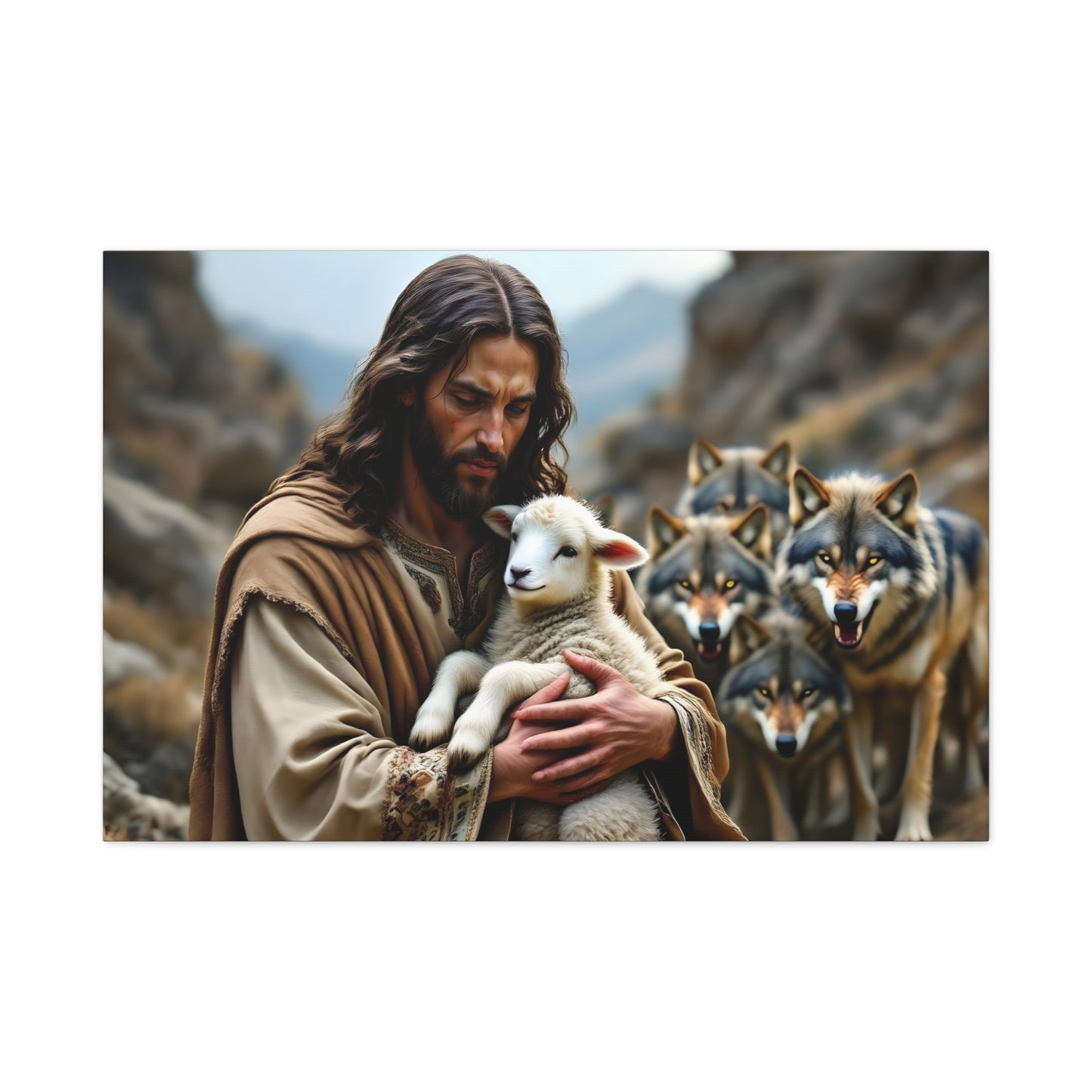 Faith Inspirational Matte Canvas Art - Jesus with Lamb and Wolves - Home Decor for Faith and Spirituality