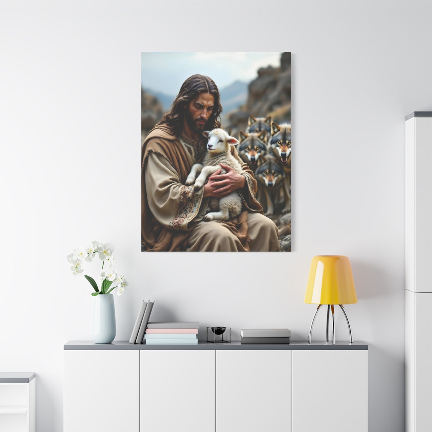 Faith Inspirational Matte Canvas Art - Jesus with Lamb and Wolves - Home Decor for Faith and Spirituality