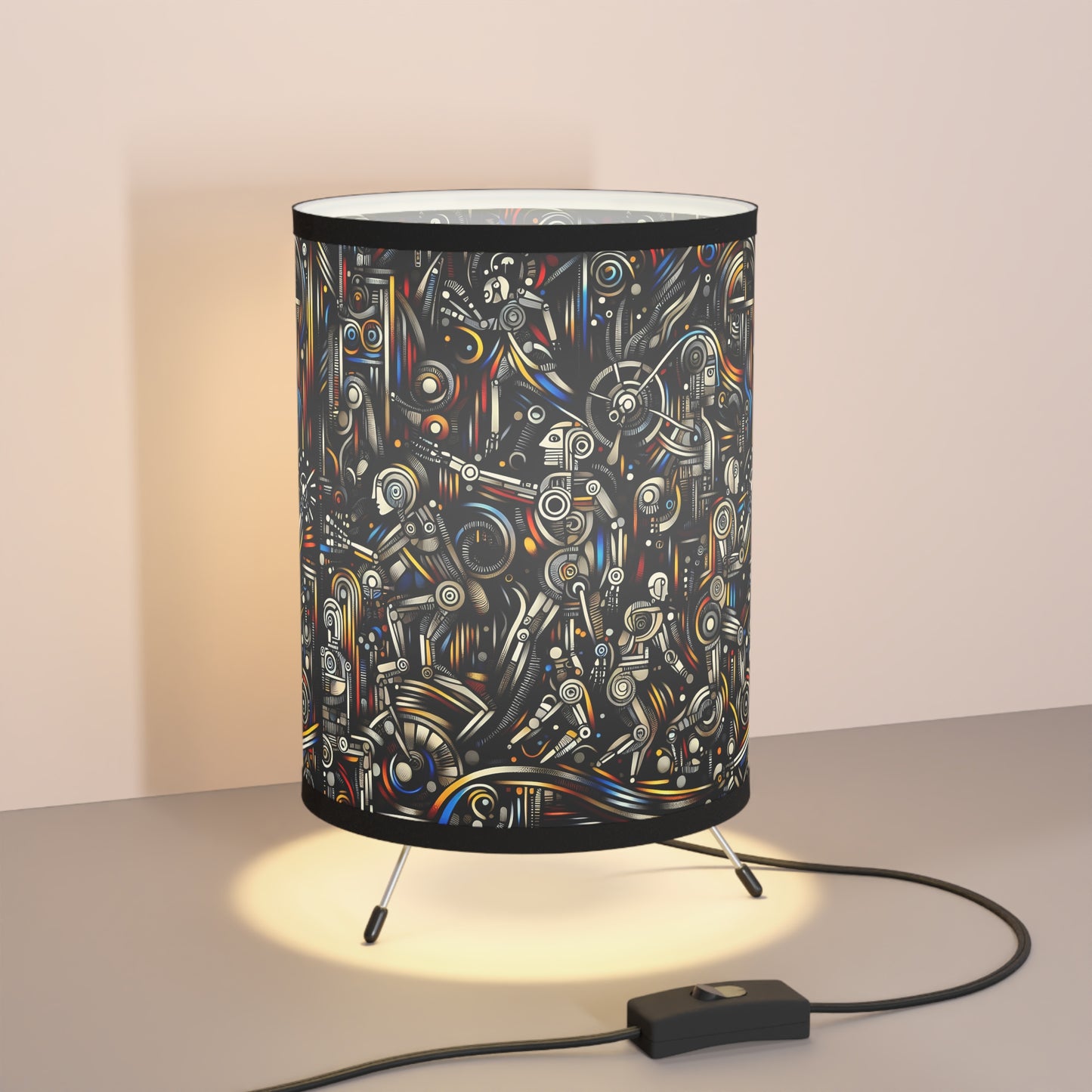 Robotz Artistic Tripod Lamp with Abstract High-Res Shade, Bohemian Home Decor, Unique Living Room Lighting, Modern Art Gift
