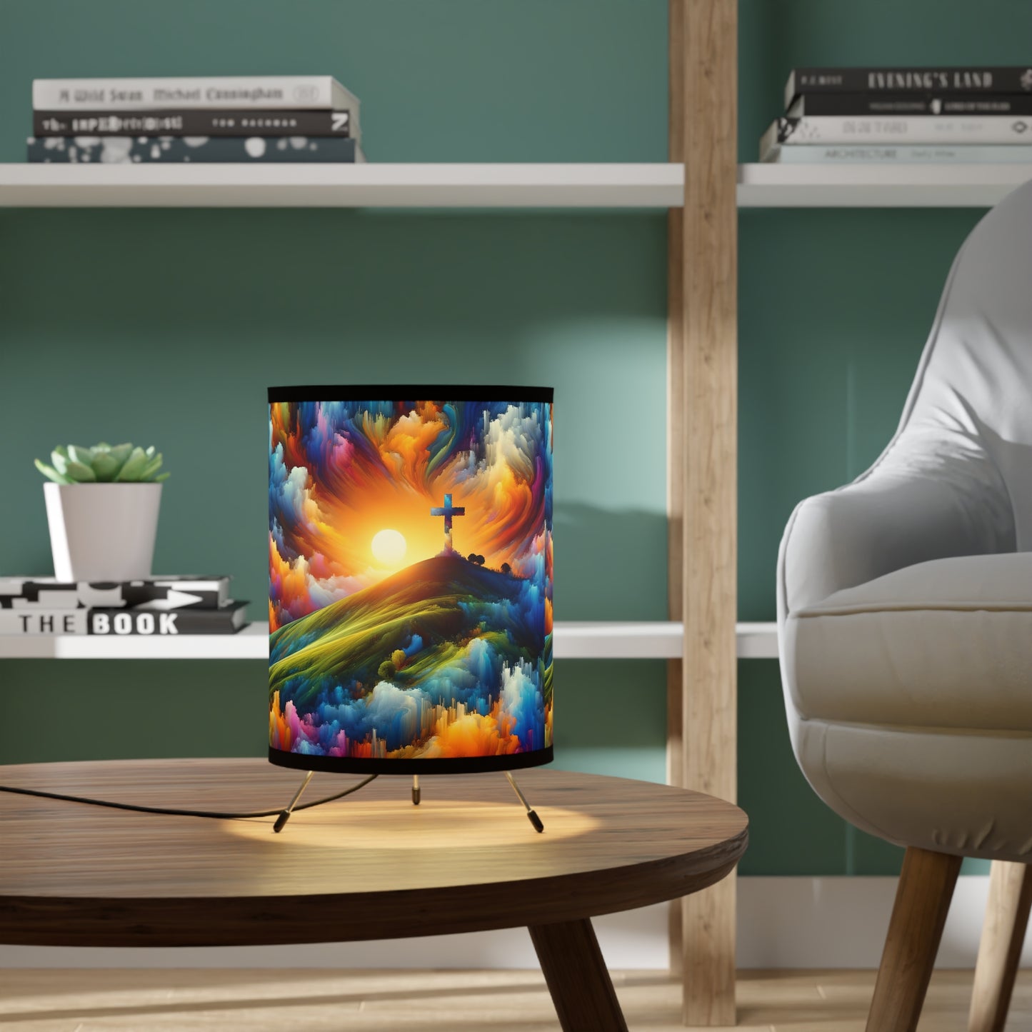 Faith Artistic Tripod Lamp with Landscape & Cross Design, Unique Home Decor, Gift Idea