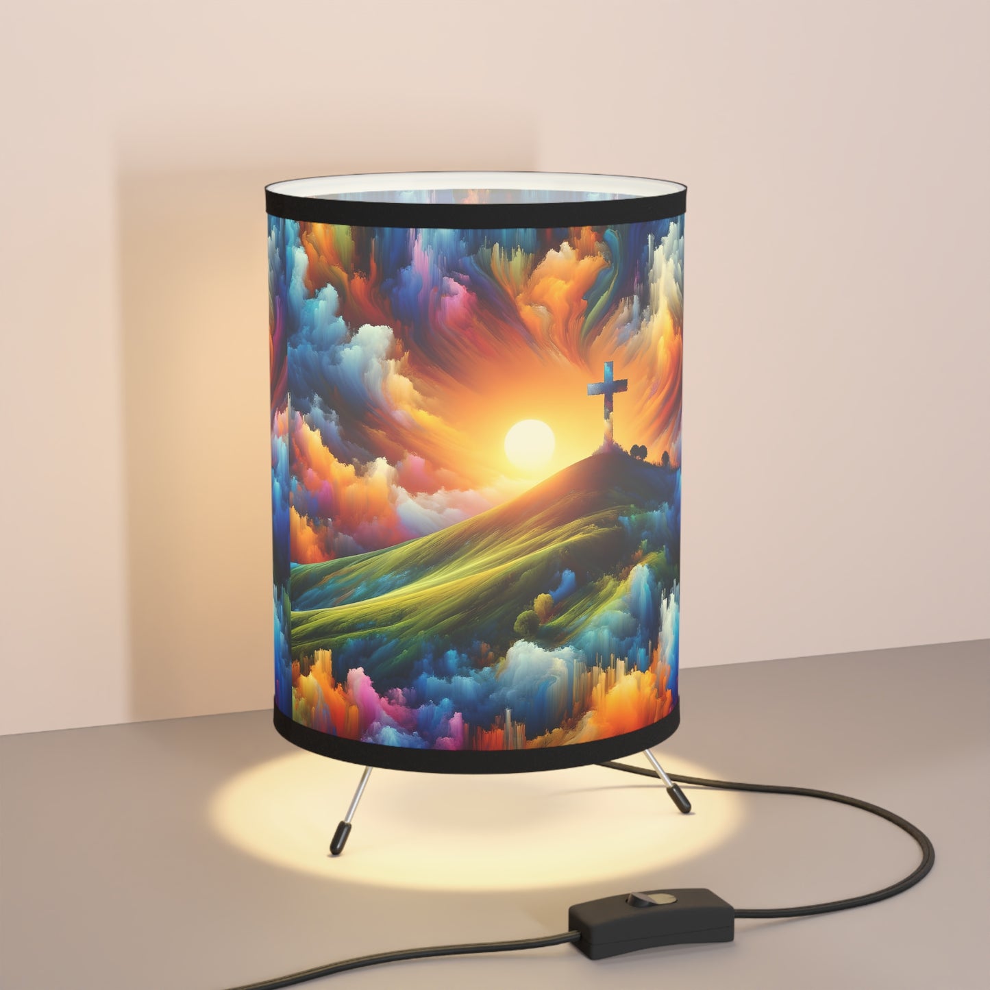 Faith Artistic Tripod Lamp with Landscape & Cross Design, Unique Home Decor, Gift Idea