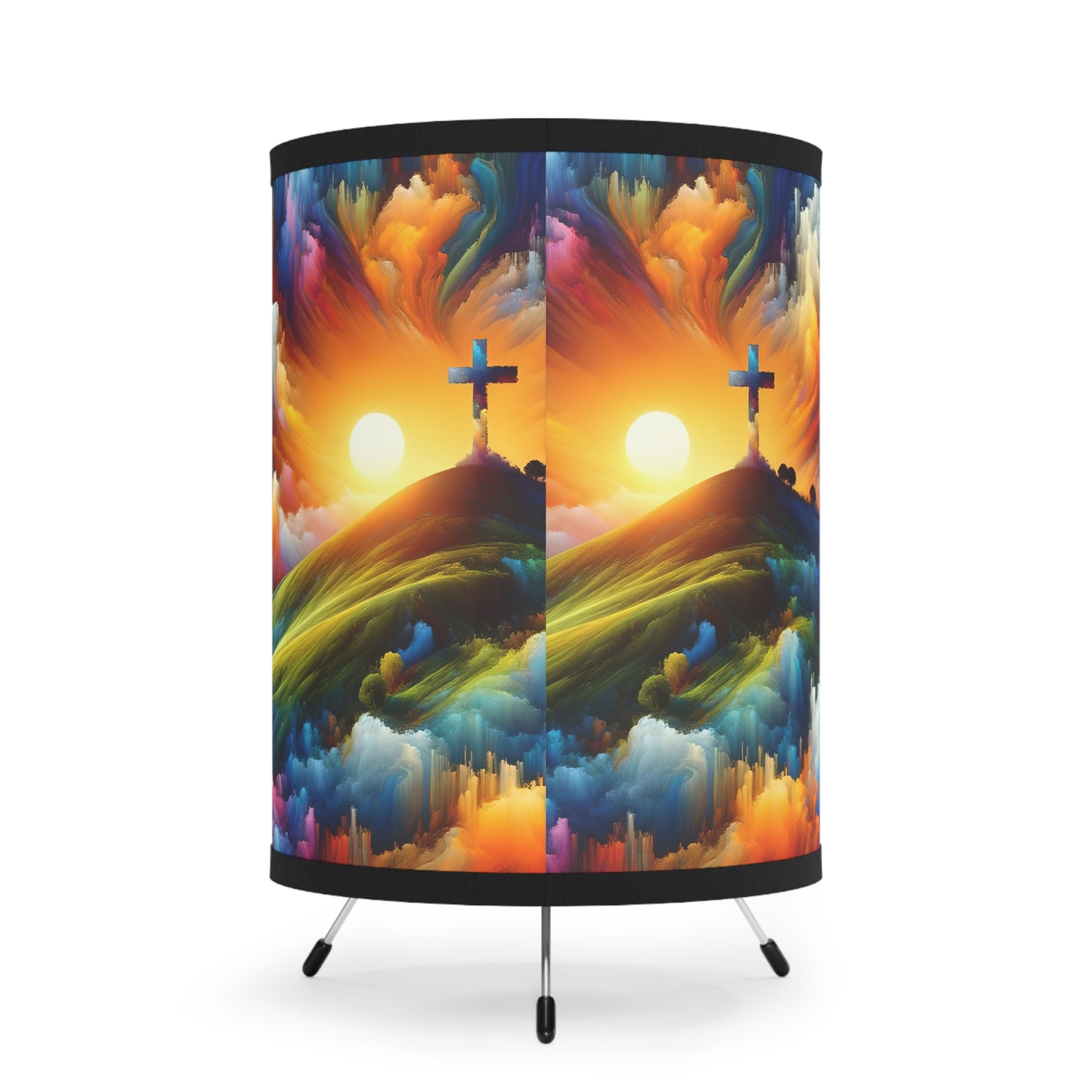 Faith Artistic Tripod Lamp with Landscape & Cross Design, Unique Home Decor, Gift Idea