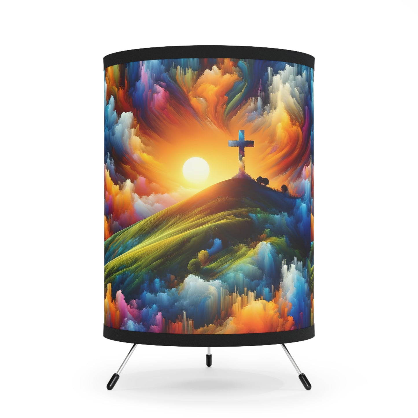 Faith Artistic Tripod Lamp with Landscape & Cross Design, Unique Home Decor, Gift Idea